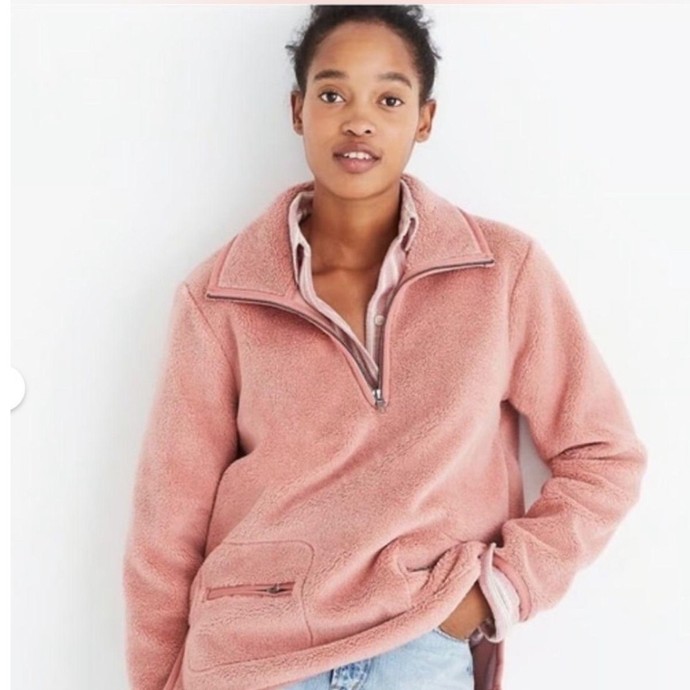 Madewell Womens Medium Pink Sherpa Fleece Quarter Zip Pullover Jacket H3534
